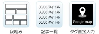 段組み、記事一覧、タグ直接入力